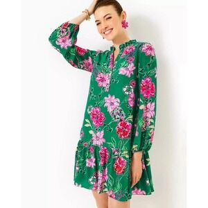 Lilly Pulitzer Evaline Silk Dress Green Safari Sanctuary Floral Mini V-Neck Sz 8